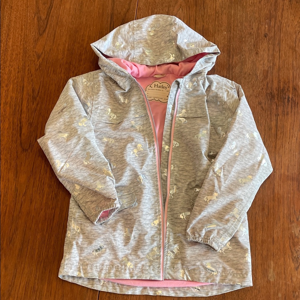 Hatley Gray Rain Jacket with Pink Lining and Silver Pony Detail NWOT
